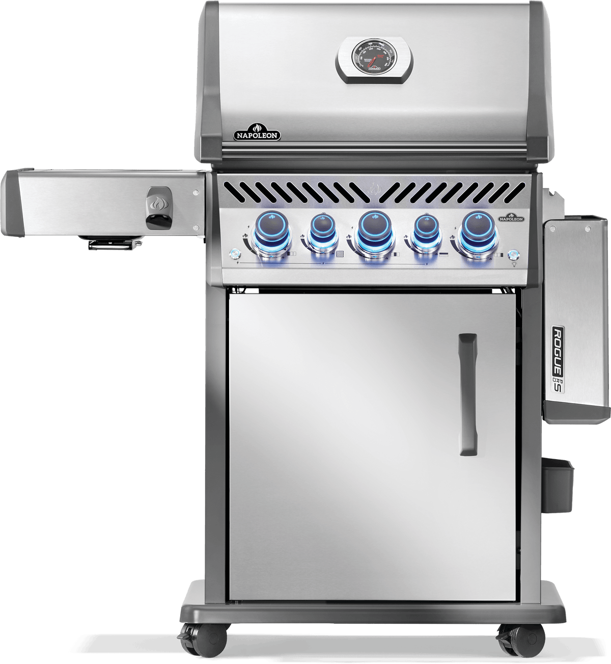 Napoleon Rogue PRO-S 425 grill showcasing premium stainless steel design and features including side burner and rotisserie.