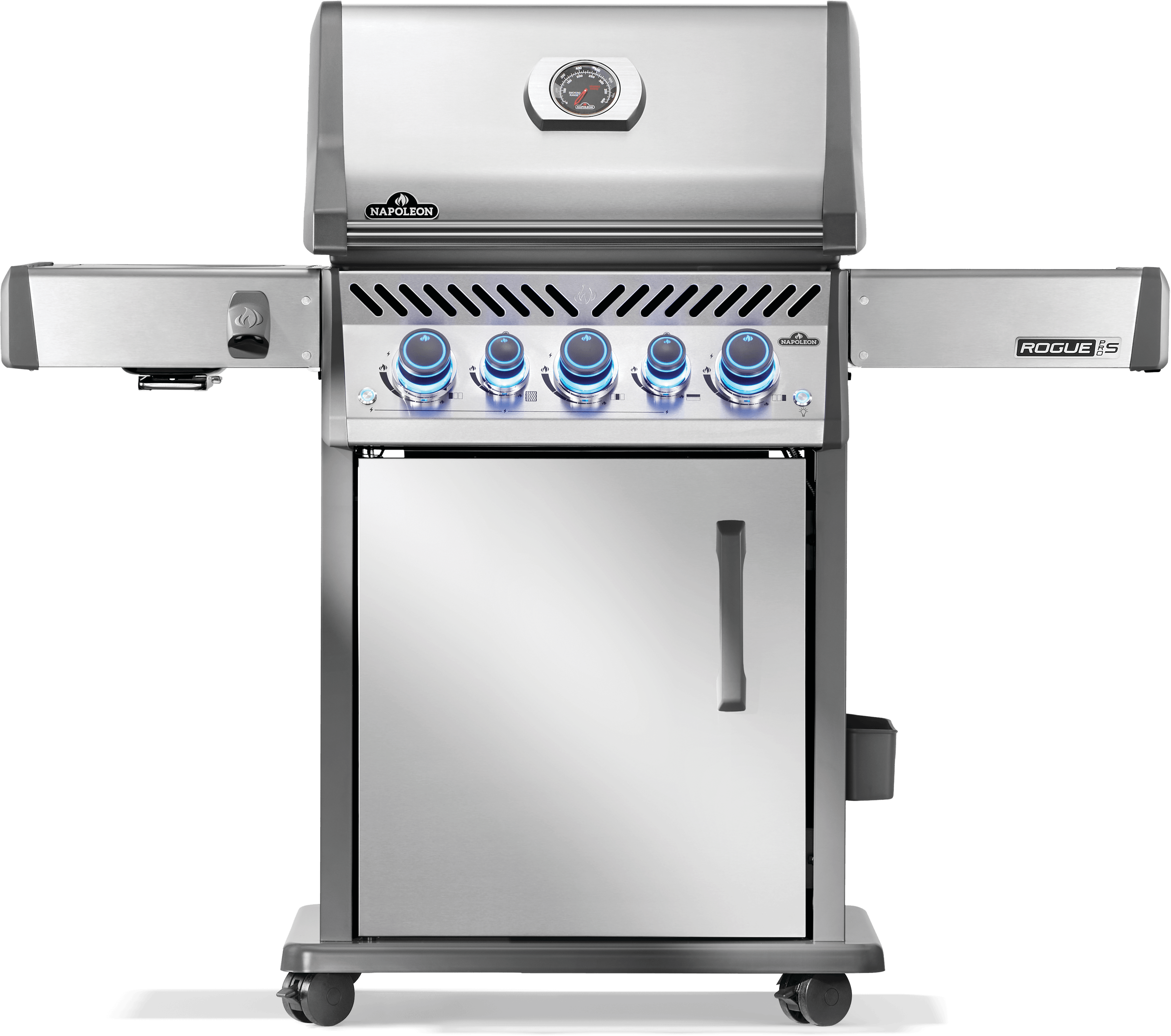 Napoleon Rogue PRO-S 425 grill with stainless steel finish and four burners for premium grilling experience.