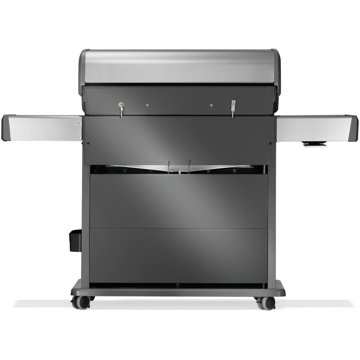 Napoleon Rogue PRO-S 625 gas grill front view showcasing sleek stainless steel design and side tables.