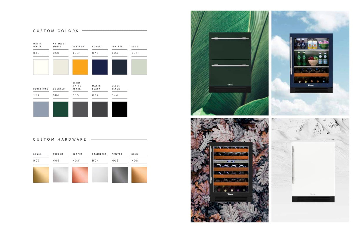 Image showcasing custom colors and hardware for True Residential undercounter refrigerator drawer.