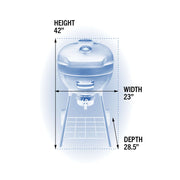 Dimensions of the Napoleon charcoal kettle grill: Height 42in, Width 23in, Depth 28.5in.