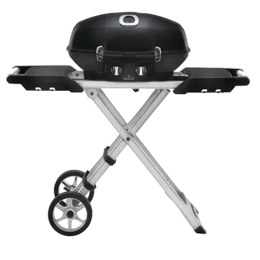 Napoleon Grills TravelQ™ PRO285X portable propane gas grill with foldable side tables and wheels for easy transportation.