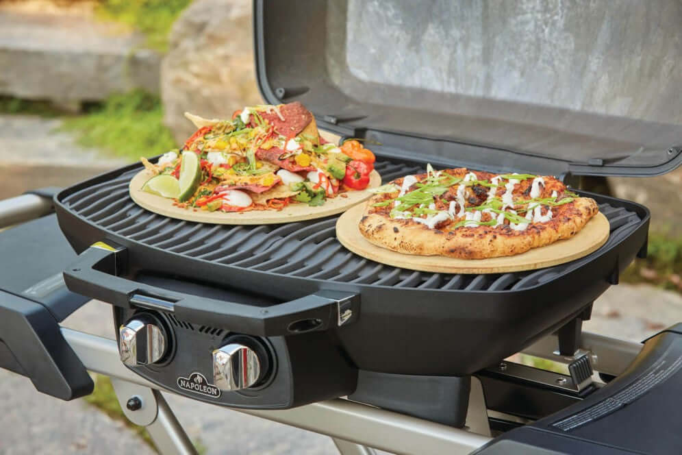 Delicious grilled pizza and nachos on Napoleon TravelQ™ PRO285X portable propane gas grill.