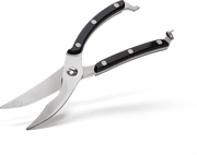 High-quality stainless steel poultry shears for grilling with riveted black handles, ideal for cutting through tough meats.