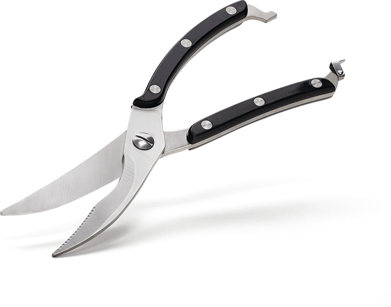 High-quality stainless steel poultry shears for grilling with riveted black handles, ideal for cutting through tough meats.