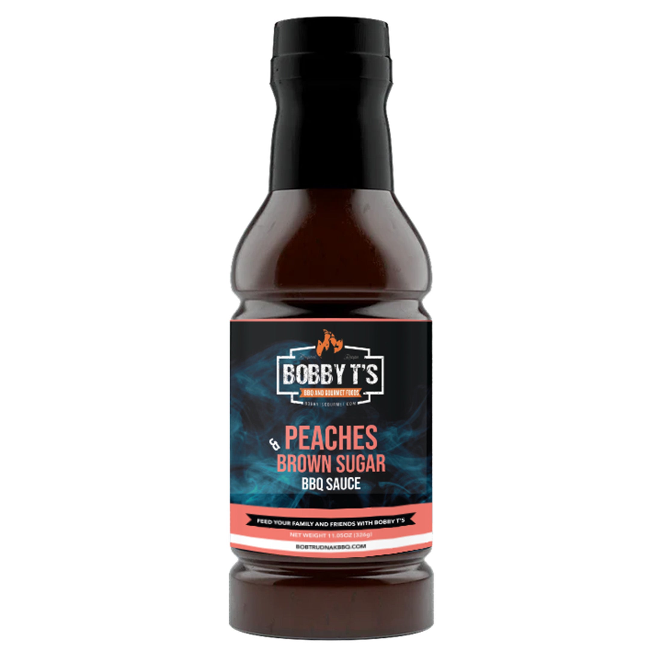 Bobby T's Peaches & Brown Sugar Sauce bottle showcasing the unique peach brown sugar sauce for BBQ.