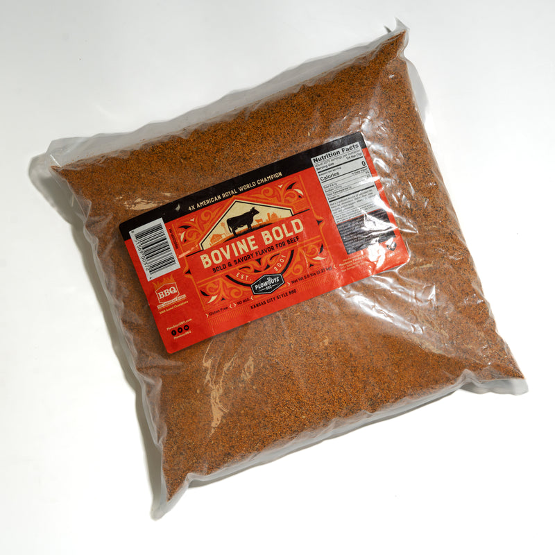 Plowboys BBQ Bovine Bold 5lb bulk bag back, 4X American Royal World Champion Kansas City beef rub
