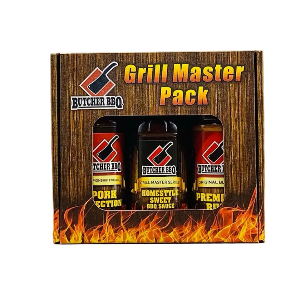 Butcher BBQ Grill Master Pack with three bottles on a wooden box background