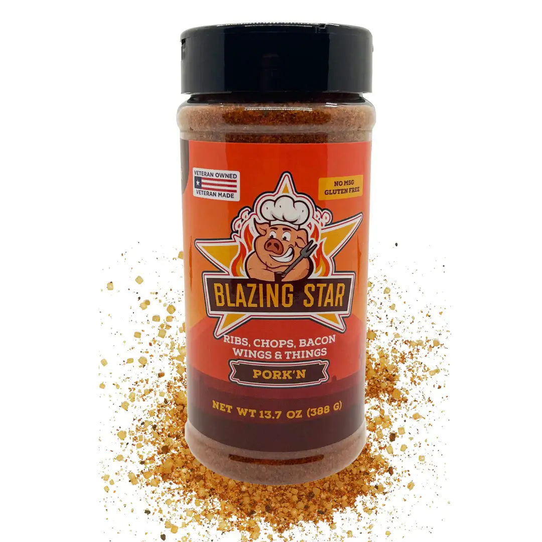 Blazing Star Pork’n BBQ rub bottle for ribs, chops, bacon, and wings on white background