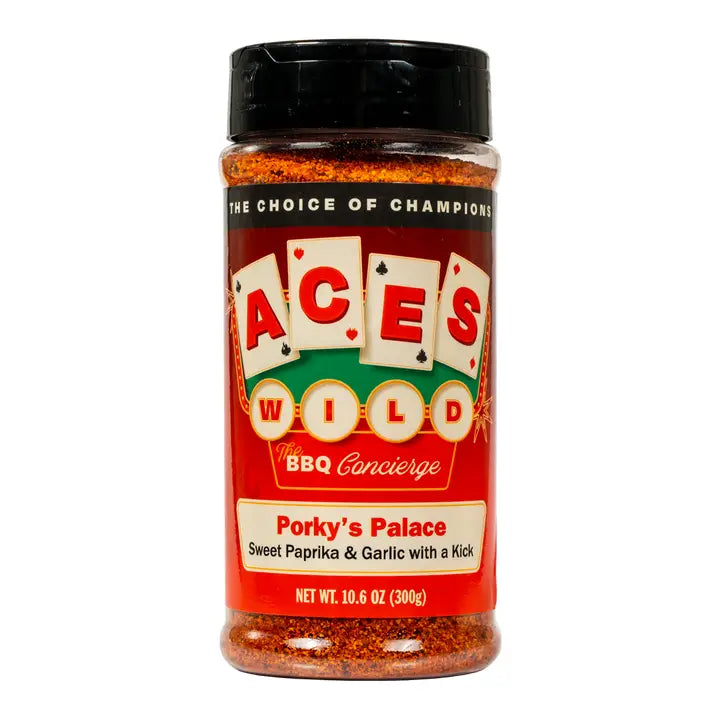 Aces Wild Porky's Palace Rub bottle featuring sweet paprika and garlic, a must-have pork seasoning rub for grilling.