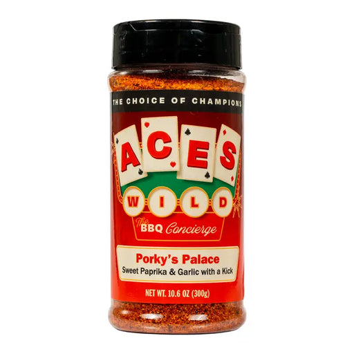 Aces Wild Porky's Palace Rub, a pork seasoning rub with sweet paprika and garlic for flavorful BBQ dishes.