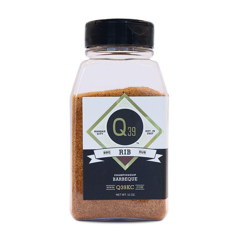 Q39 Rib Rub seasoning bottle – Kansas City sweet rib and chicken BBQ rub.