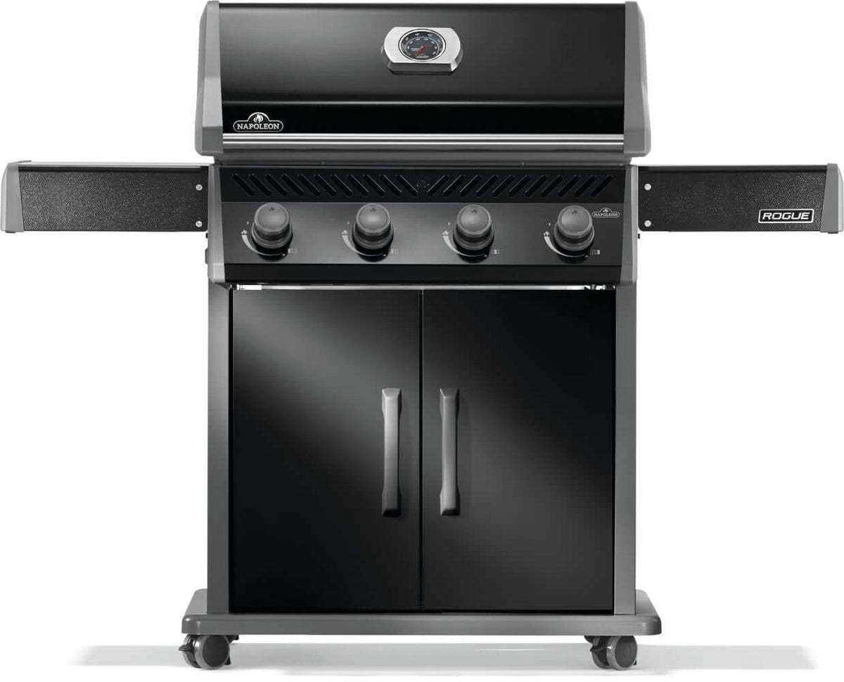 Napoleon Rogue 525 gas grill in sleek black design with four burners and side shelves for outdoor cooking.