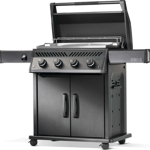 Napoleon gas griddle with four burners and stainless steel cooktop for outdoor cooking