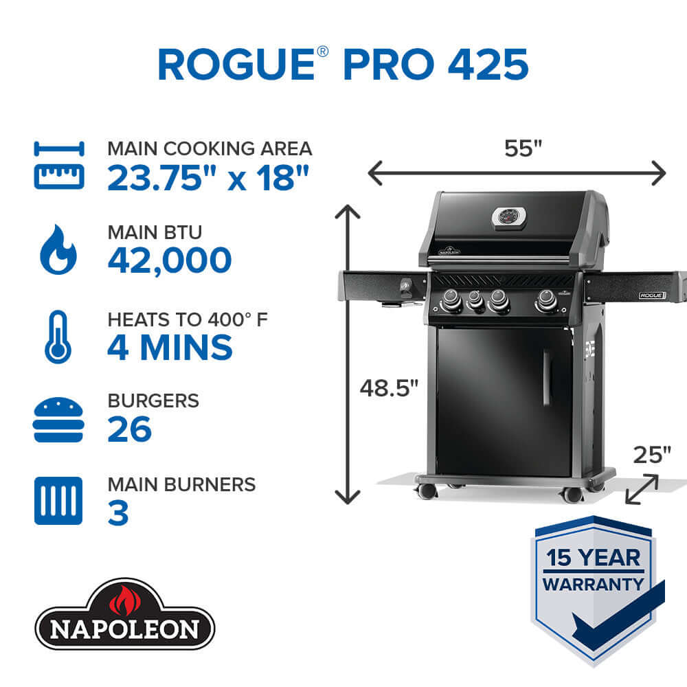 Napoleon Rogue PRO 425 grill specifications diagram with main features and dimensions.
