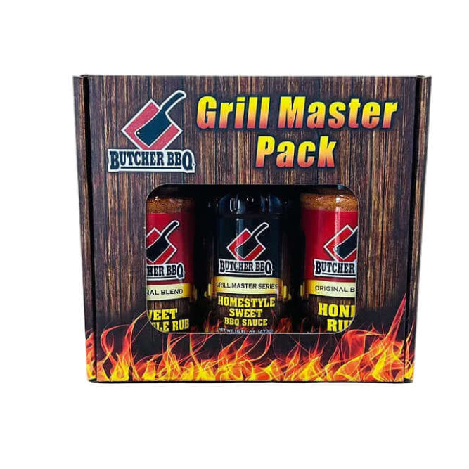 Butcher BBQ Grill Master Pack with three bottles on a wooden box background