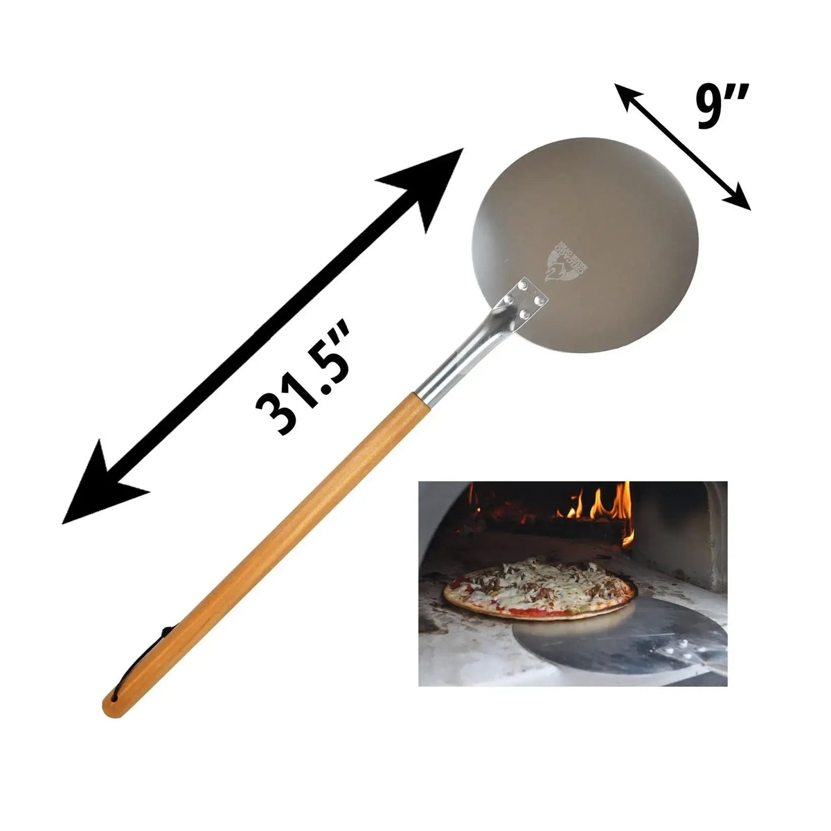 Chicago Brick Oven Aluminum Pizza Peel - Turning Pizza Paddle with Leather Strap and Detachable Wood Handle - Bakeware & Pizza Oven Accessories - 9 in - The Kansas City BBQ Store
