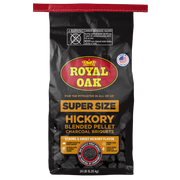 Bag of Royal Oak Super Size Hickory Blended Pellet Charcoal Briquettes on a white background