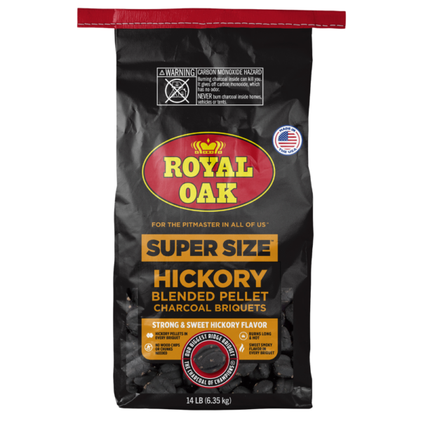 Bag of Royal Oak Super Size Hickory Blended Pellet Charcoal Briquettes on a white background