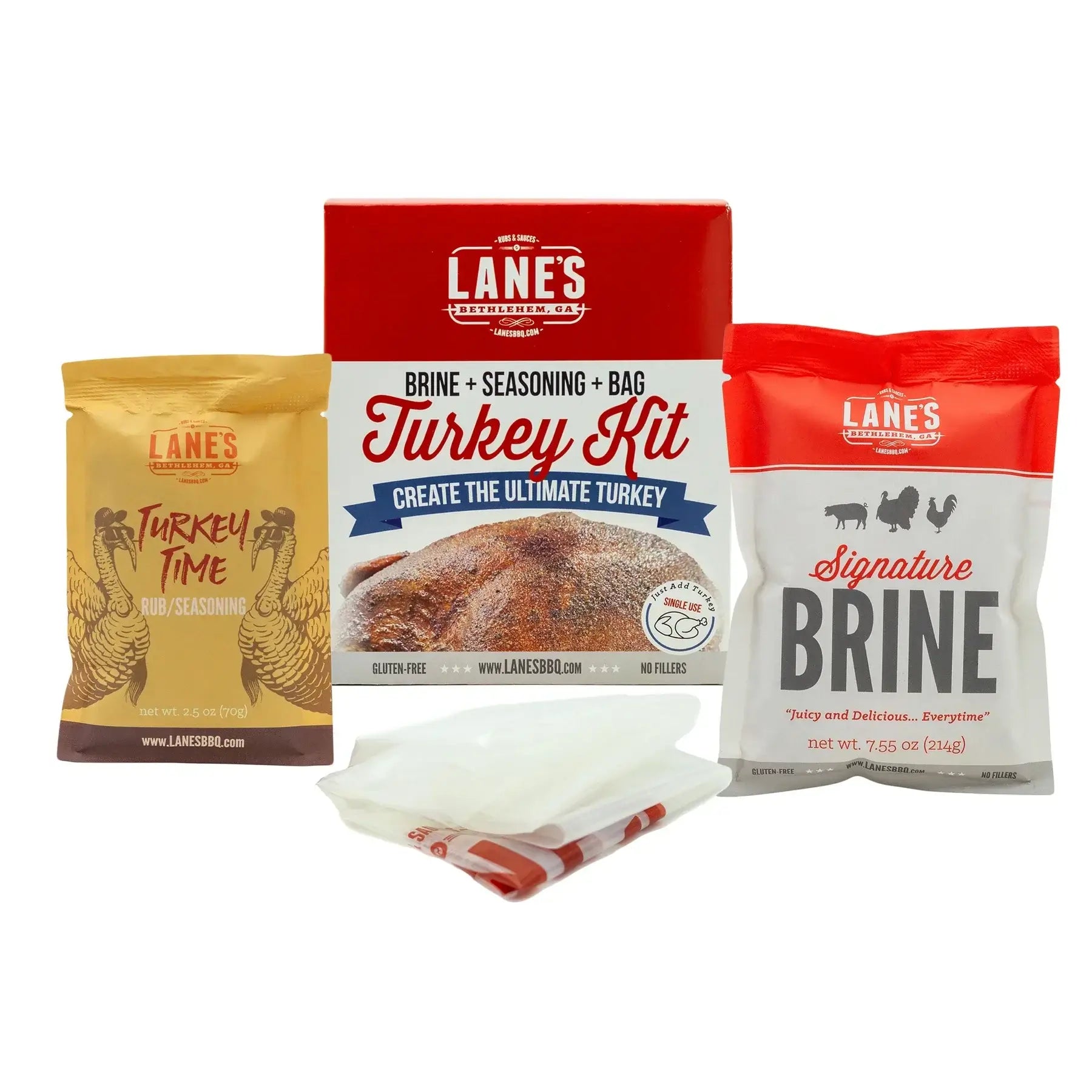 Lane’s Turkey Brine Kit with brine mix, Turkey Time rub, and brine bag for juicy, flavorful holiday turkey.