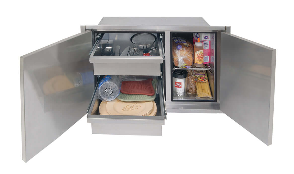 Interior view of Afresco 42" sealed dry pantry cabinet with pull-out drawers and adjustable shelves.