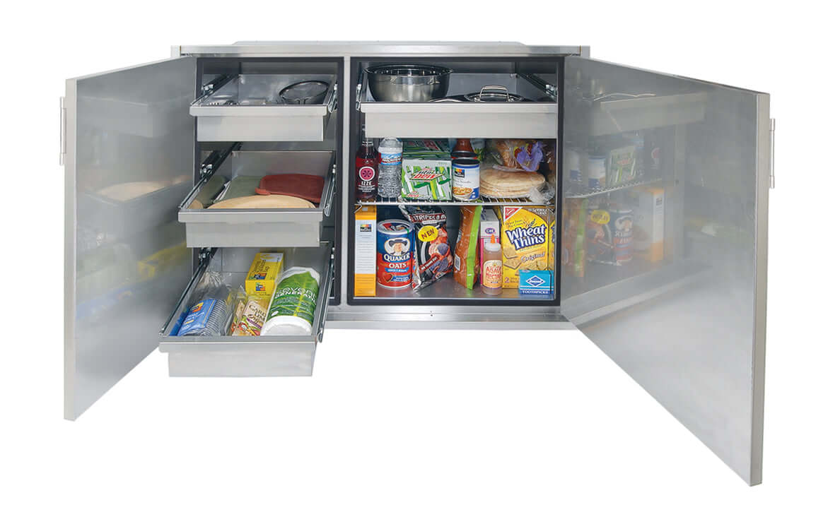 Inside view of Afresco 42" sealed dry pantry cabinet showcasing organized shelves and pull-out drawers.