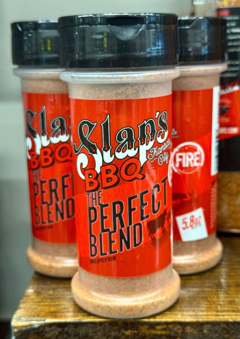 Slaps BBQ The Perfect Blend Fire - 5.8oz bottles, a bold BBQ seasoning rub for enhanced flavor and spice.