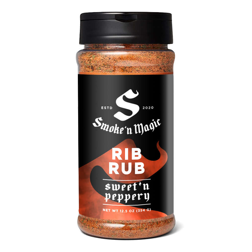 Smoke'n Magic Rib Rub Sweet 'n Peppery seasoning jar perfect for enhancing beef and pork dishes with a sweet peppery rib rub.