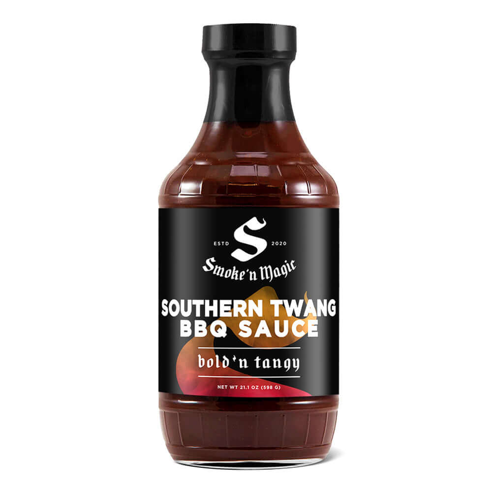 Bottle of Smoke'n Magic Southern Twang BBQ Sauce showcasing bold 'n tangy flavors for pork dishes.