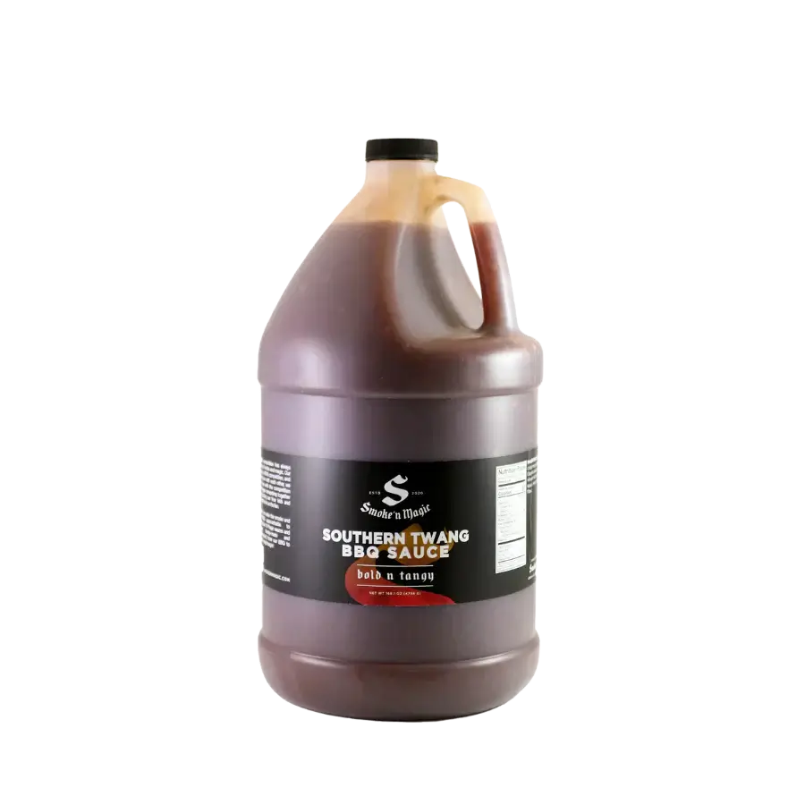 Smoke'n Magic Southern Twang BBQ Sauce in a large jug, perfect for grilling and enhancing pork dishes.