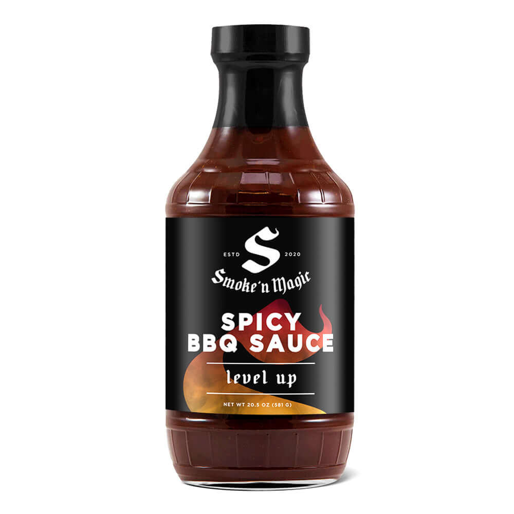 Smoke'n Magic Spicy BBQ Sauce bottle with bold label and fiery design, perfect for grilling and enhancing flavor.
