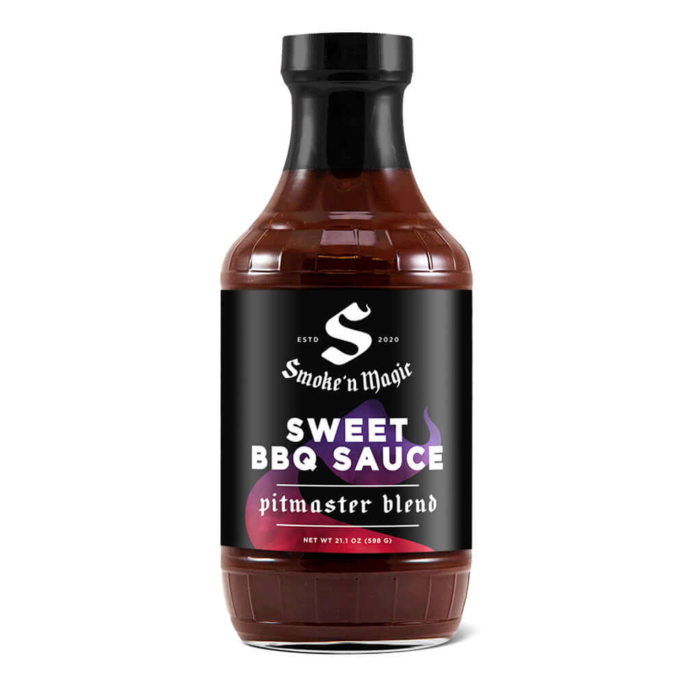 Smoke'n Magic Sweet BBQ Sauce – Pitmaster's Blend bottle, showcasing its rich caramel color and glossy texture.