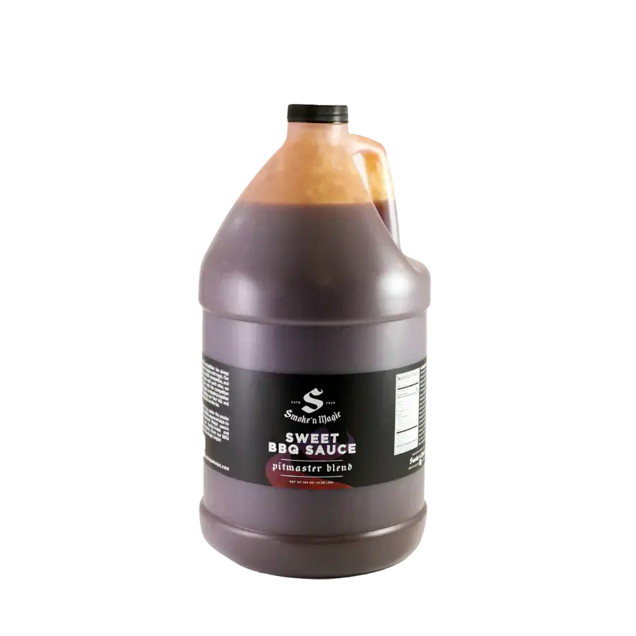 Smoke’n Magic Sweet BBQ Sauce – Pitmaster’s Blend in a gallon jug, perfect for grilling and barbecuing.