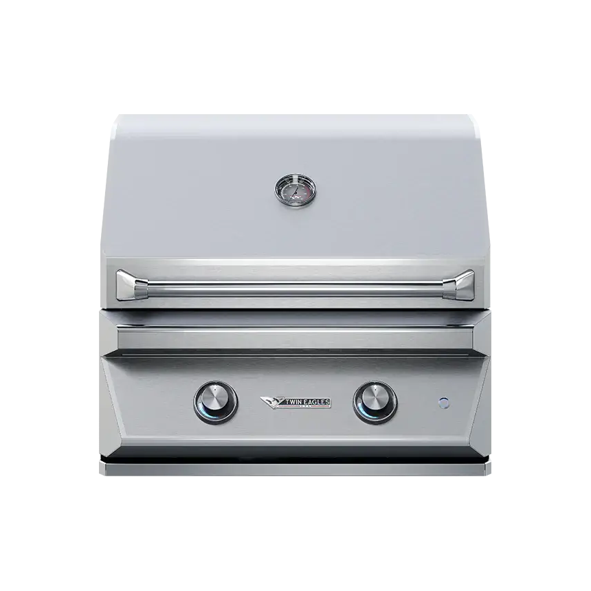 Stainless steel grill with brand logo on a white background