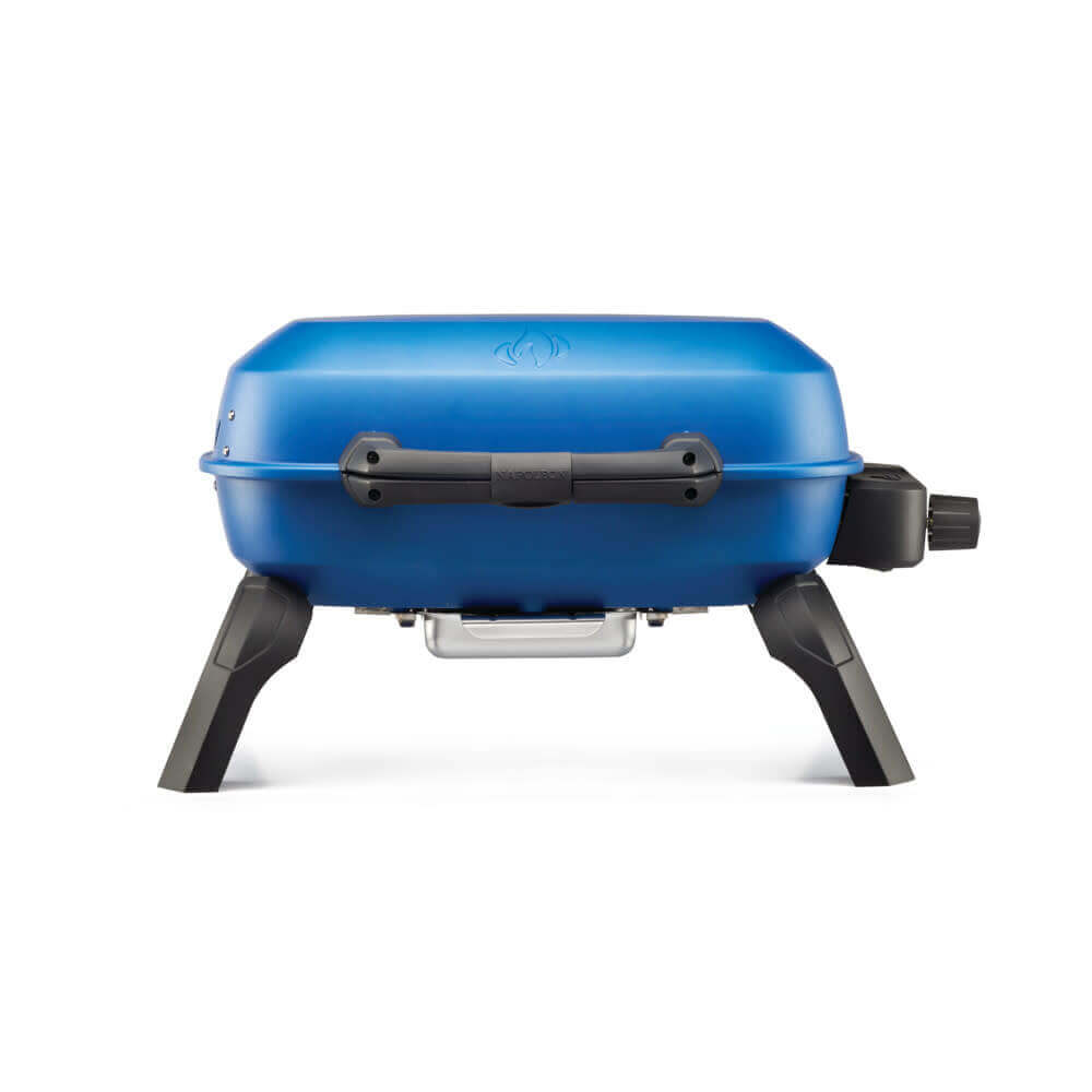 TravelQ 240 portable propane gas grill in blue, designed for outdoor cooking and easy transport.