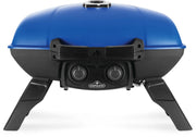 Portable gas grill for camping featuring a blue design and dual burners for precise temperature control.