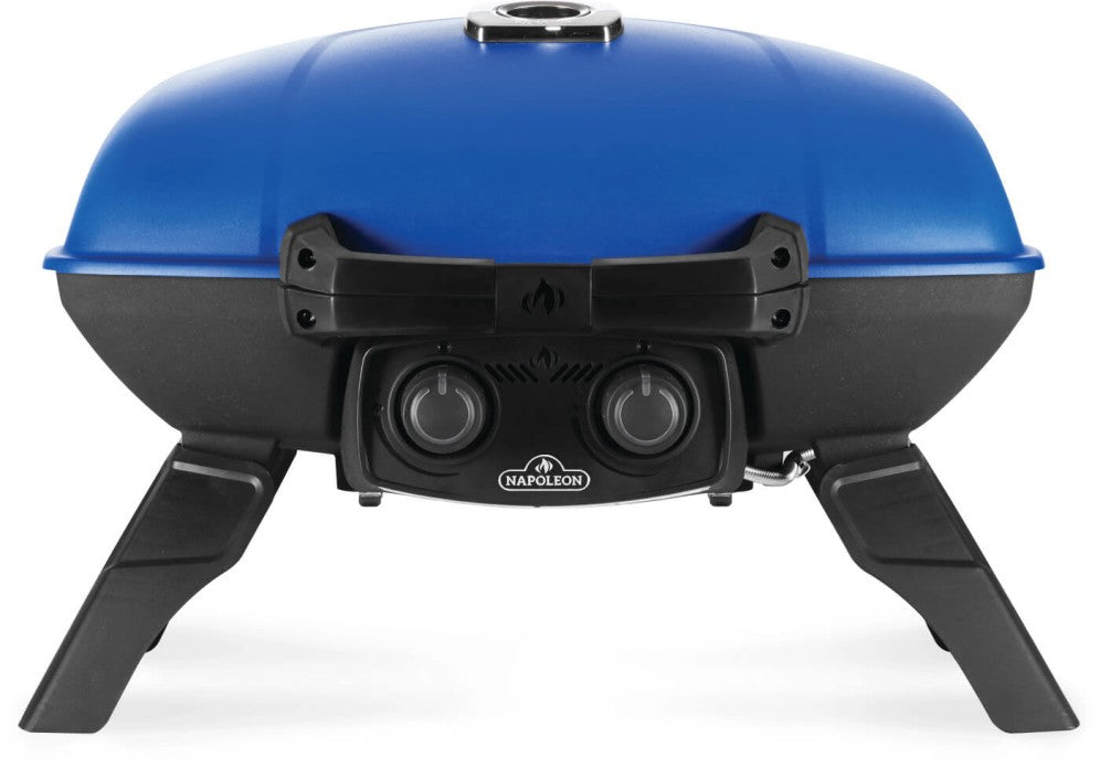 Portable gas grill for camping featuring a blue design and dual burners for precise temperature control.