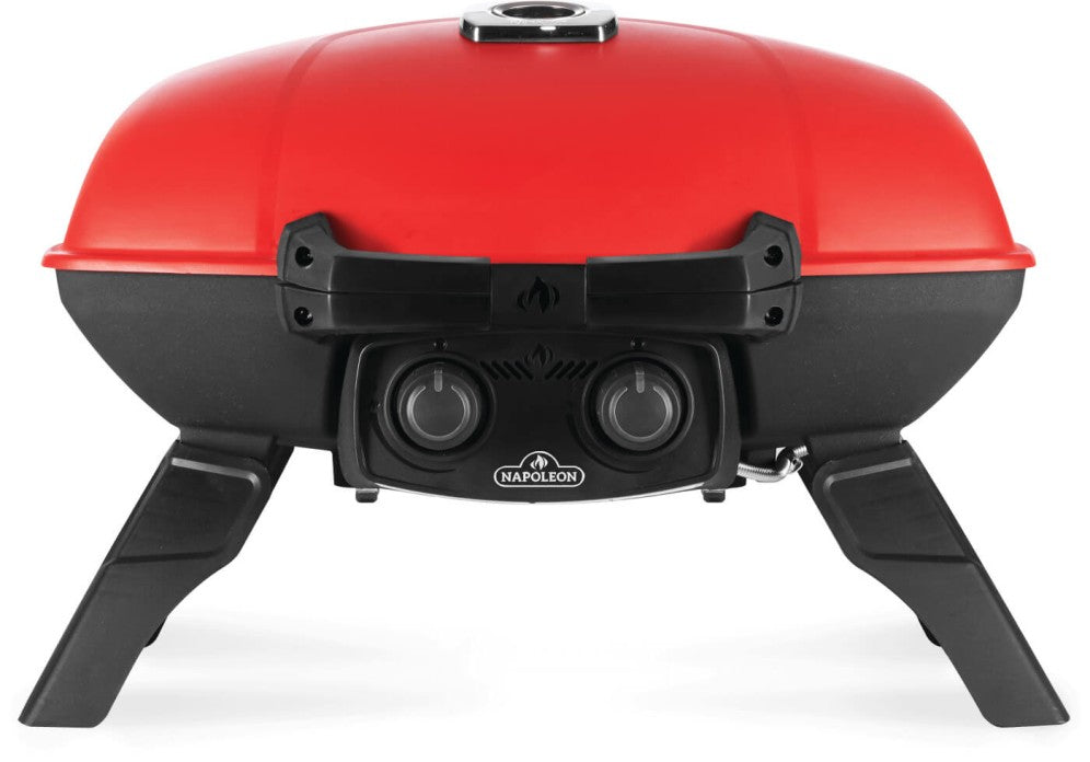 Napoleon Grills TravelQ™ 285 portable gas grill with griddle in red, featuring two burners and compact design.