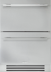 True Residential undercounter refrigerator drawer with stainless steel finish and dual pull-out compartments.