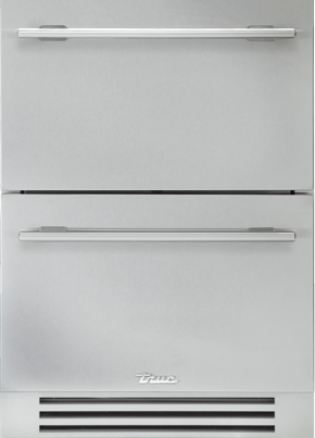 True Residential undercounter refrigerator drawer with stainless steel finish and dual pull-out compartments.