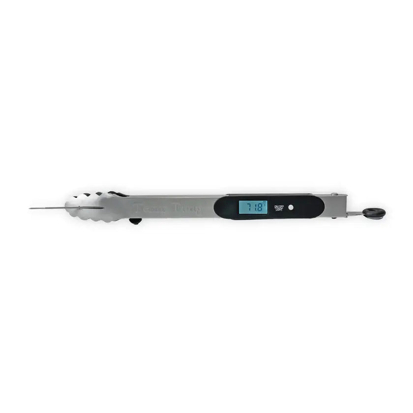 TempTong stainless steel grilling tongs with built-in digital thermometer display backlit LCD screen for night cooks and low-light grilling