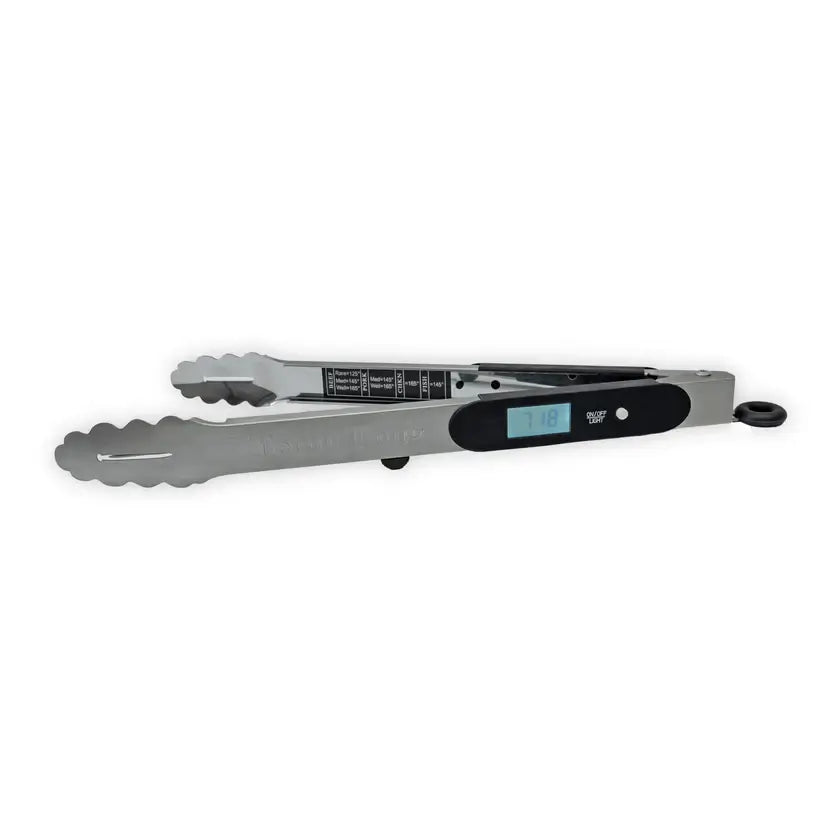 TempTong open tong position showing built-in meat temperature guide and retractable probe. All-in-one grilling thermometer tool