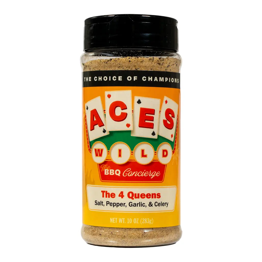 Aces Wild The 4 Queens all purpose BBQ rub bottle featuring salt, pepper, garlic, and celery.