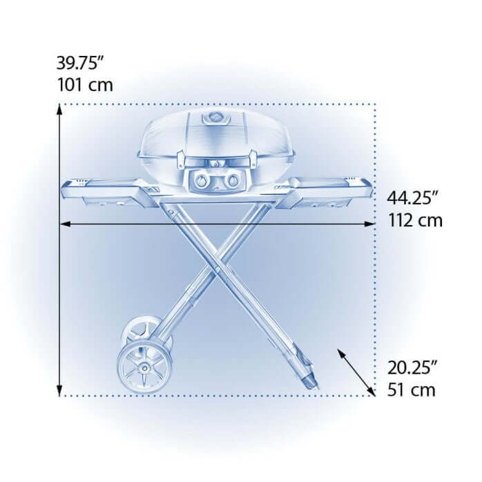 Dimensions of Napoleon Grills TravelQ™ PRO285X Portable Propane Gas Grill with measurements in inches and centimeters.