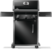 Napoleon Rogue 425 gas grill in black with three burners and side shelves, perfect for grilling and roasting.