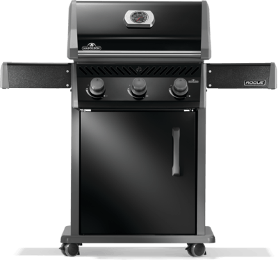 Napoleon Rogue 425 gas grill in black with three burners and side shelves, perfect for grilling and roasting.