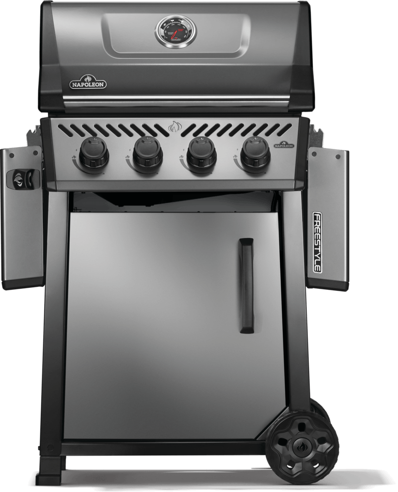 Napoleon Freestyle 425 gas grill featuring four burners and instant JETFIRE ignition system, ideal for outdoor cooking.