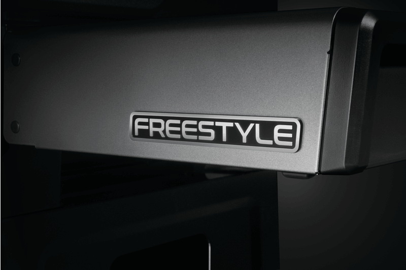 Close-up of the FREESTYLE logo on the Freestyle 365 gas grill, showcasing its sleek design.