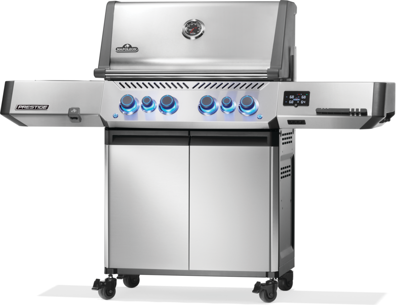 Napoleon Prestige 500 connected grill with stainless steel finish and blue LED controls.