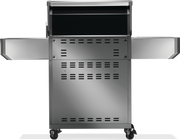 Napoleon Prestige 500 connected grill front view with open side shelves and stainless steel finish